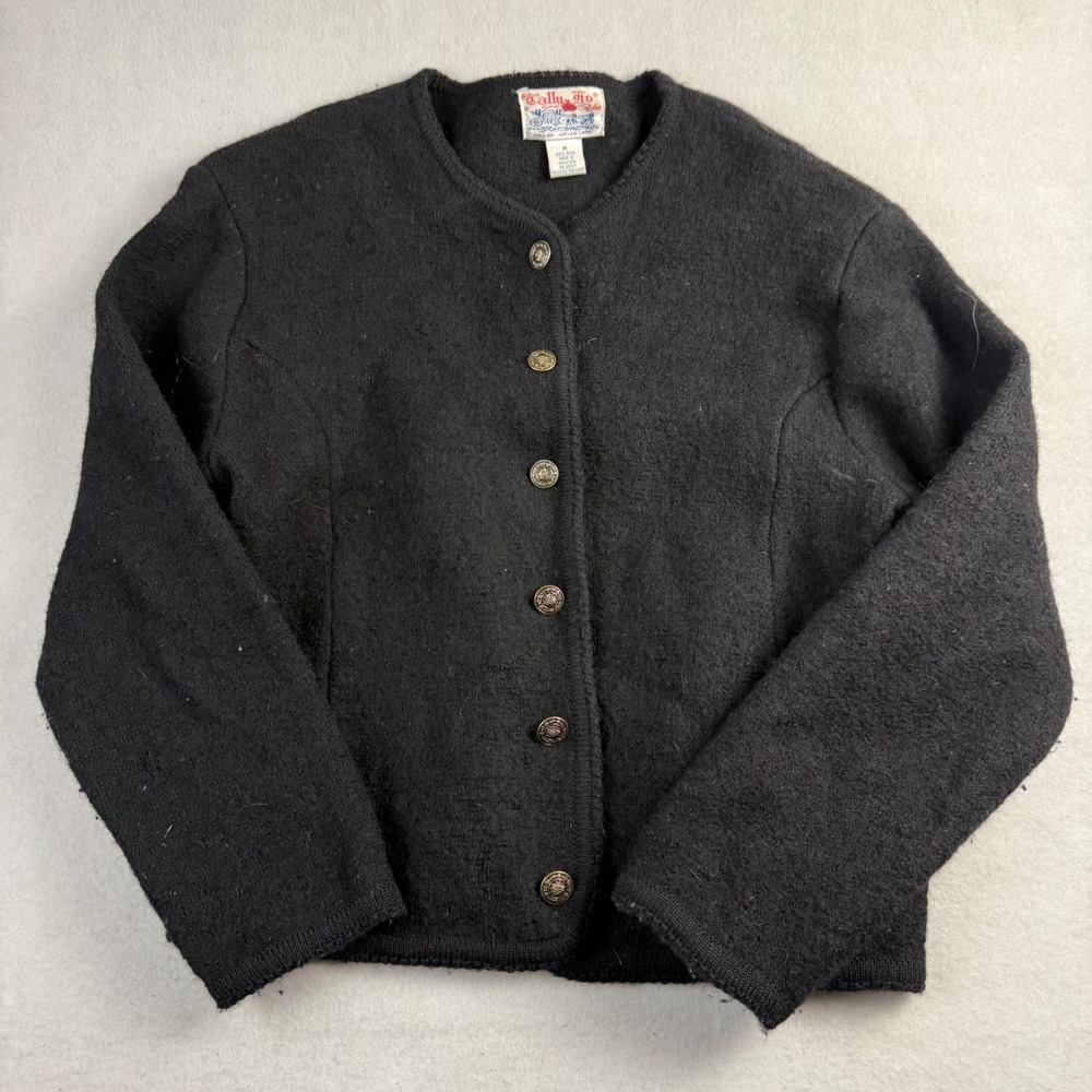 Tally-Ho Vintage 100%‎ Boiled Wool Cardigan Sweater Black Crest Button Womens M